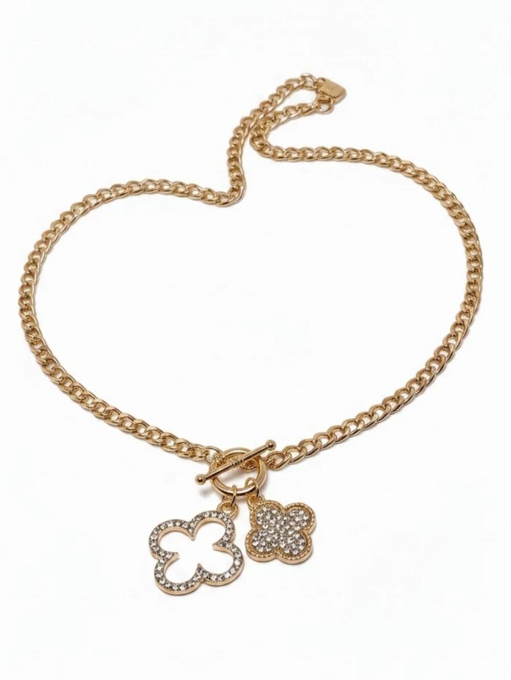 Gold-Tone Clover Charm Chain Necklace - Sparkling Pendant
